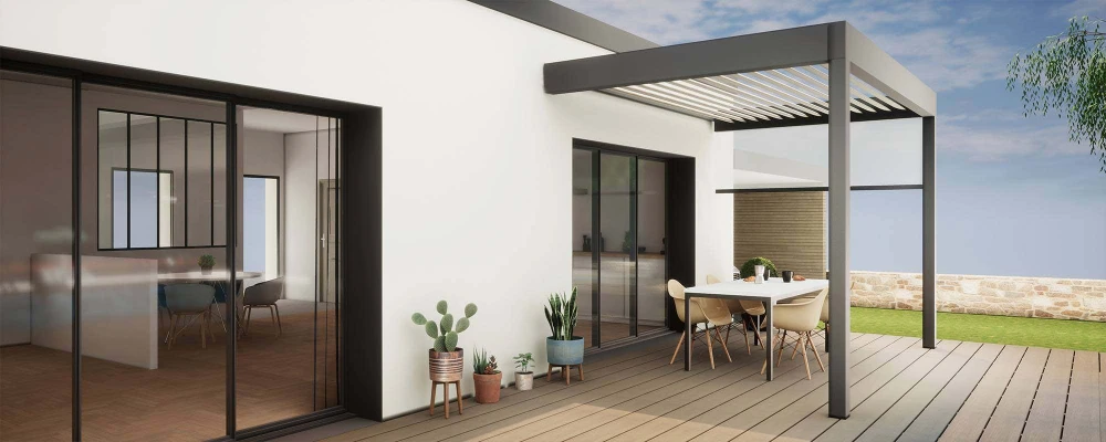 Terrasse extérieure moderne avec pergola bioclimatique à lames orientables en aluminium anthracite, fixée en applique murale