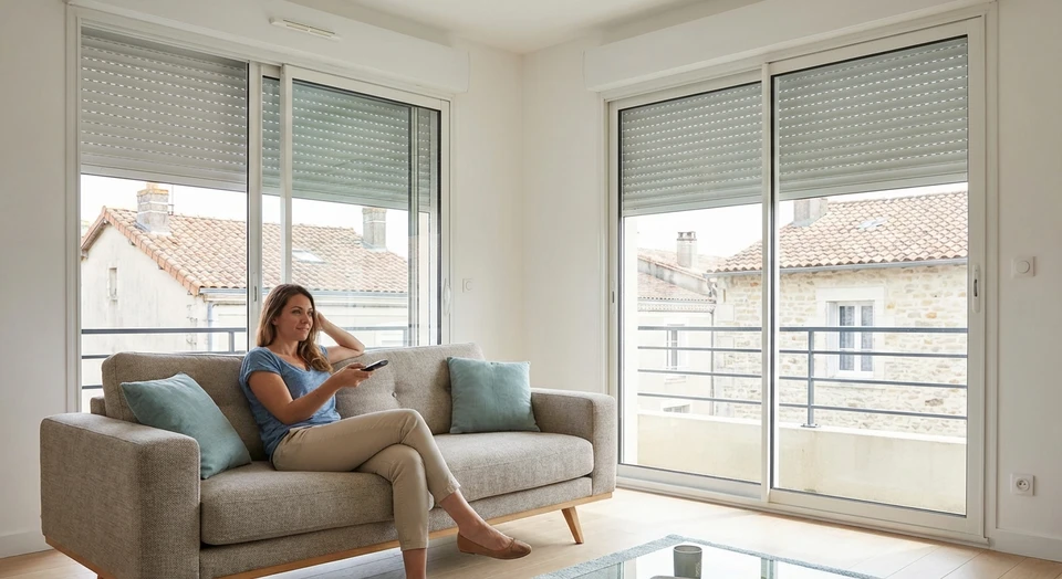 Photographie en intérieur montrant une personne confortablement assise sur un canapé, tenant une télécommande à la main, avec des volets roulants en arrière-plan en train de se fermer ou s'ouvrir. La scène doit capturer l'atmosphère sereine du confort quotidien, avec une lumière naturelle agréable, illustrant le contrôle facile et le bien-être procuré par la motorisation des volets roulants.