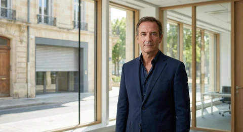 Portrait d'un entrepreneur ou d'un professionnel en tenue business dans un cadre professionnel sérieux, par exemple dans un bureau ou sur un chantier de fermeture (portail, volets roulants ou menuiserie extérieure en arrière-plan flou), transmettant confiance, expertise et rigueur professionnelle. L'image doit évoquer la compétence et la reconnaissance au plus haut niveau, cohérente avec une agrément judiciaire.