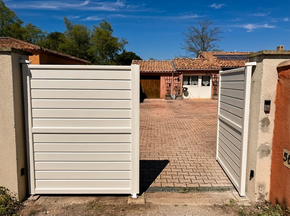 Vue extérieure d'une baie vitrée coulissante à galandage avec vantail oscillo-battant, profilés aluminium laqué anthracite, vitrage feuilleté clair, division en petits-bois intégrés