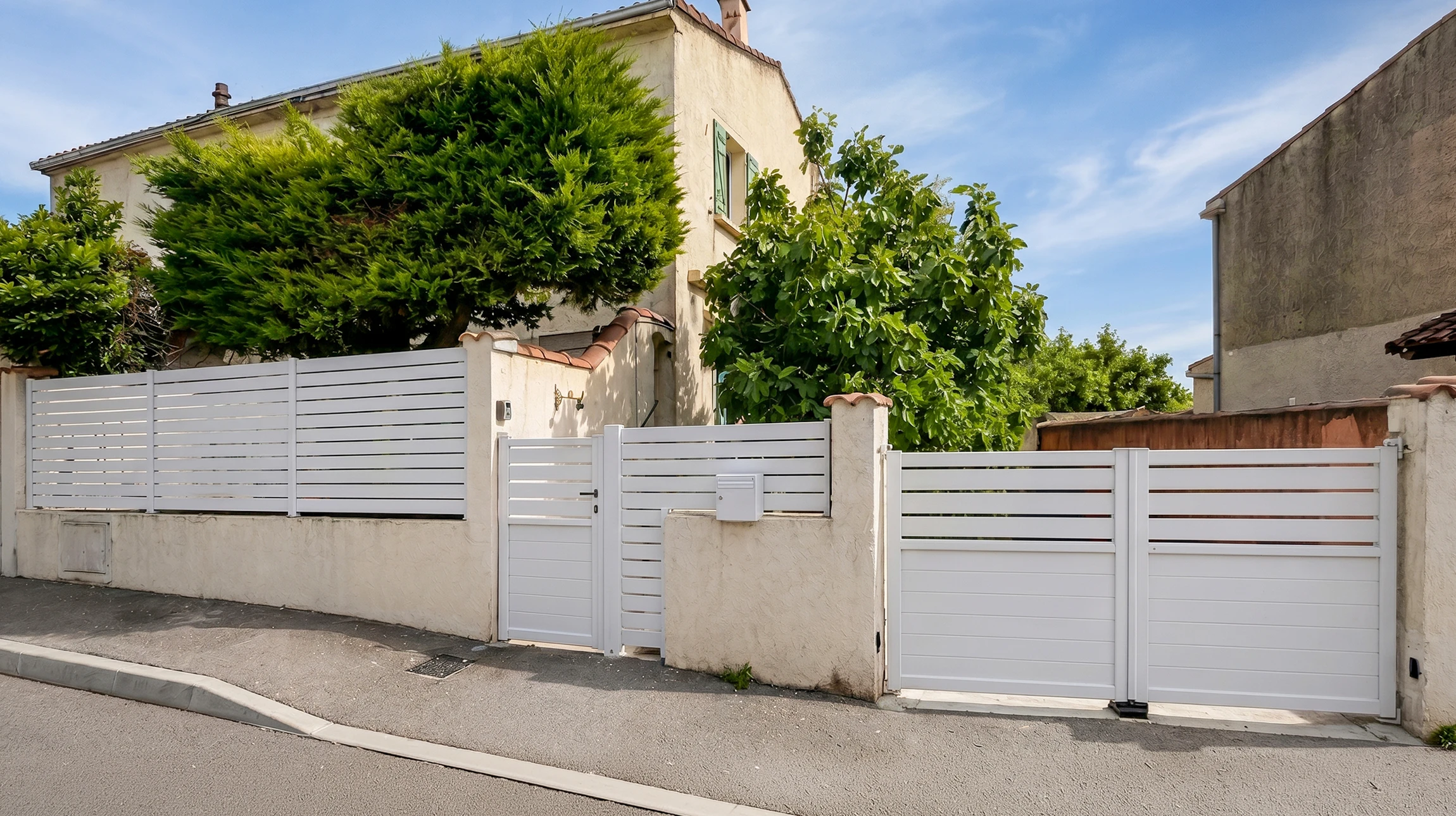 Terrasse moderne d'une maison contemporaine avec deux grandes baies vitrées équipées de volets roulants électriques gris anthracite partiellement abaissés